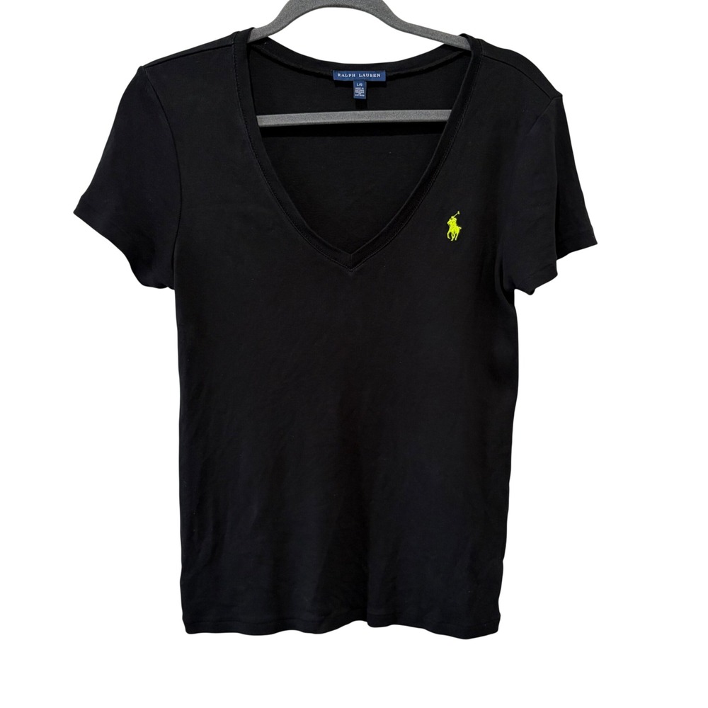 Ralph Lauren V-Neck Baby Tee T-Shirt Women Large Black Short Sleeve Pony Logo